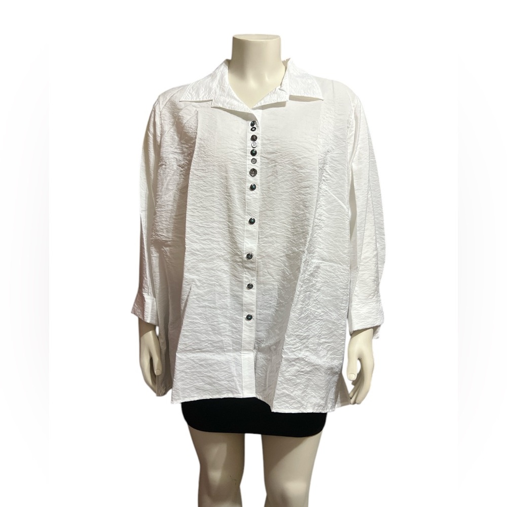 NWT Ali Miles Plus Size 2X Crinkled Texture 3/4 Sleeves Button Down Tunic White